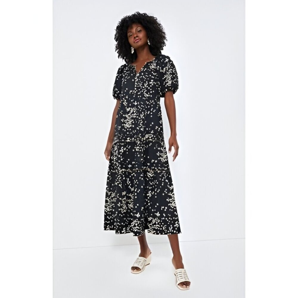 Tuckernuck Black Tossed Floral Mimi Midi Dress XS 100% Cotton A-Line Puff Sleeve